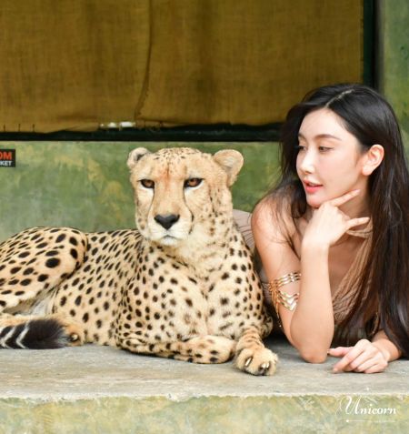 Smiling woman posing beside a cheetah